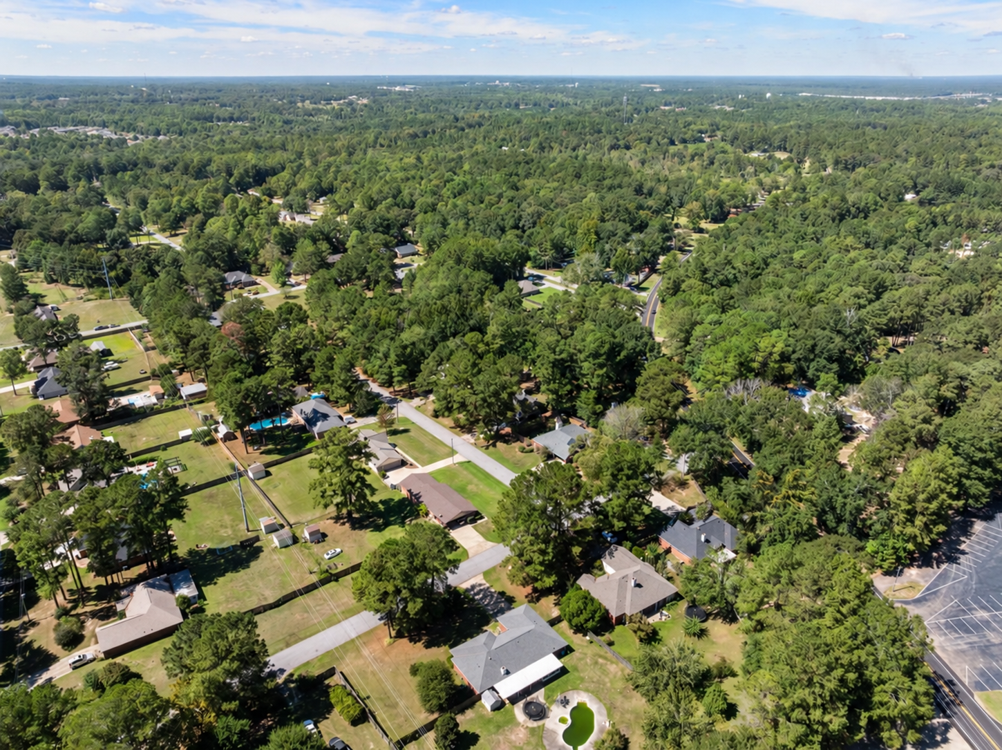 Aerial view of homes and tree-lined streets around Yellow Pine Drive in Forrest Hills
