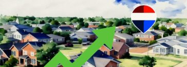 a green arrow pointing up to houses and cars