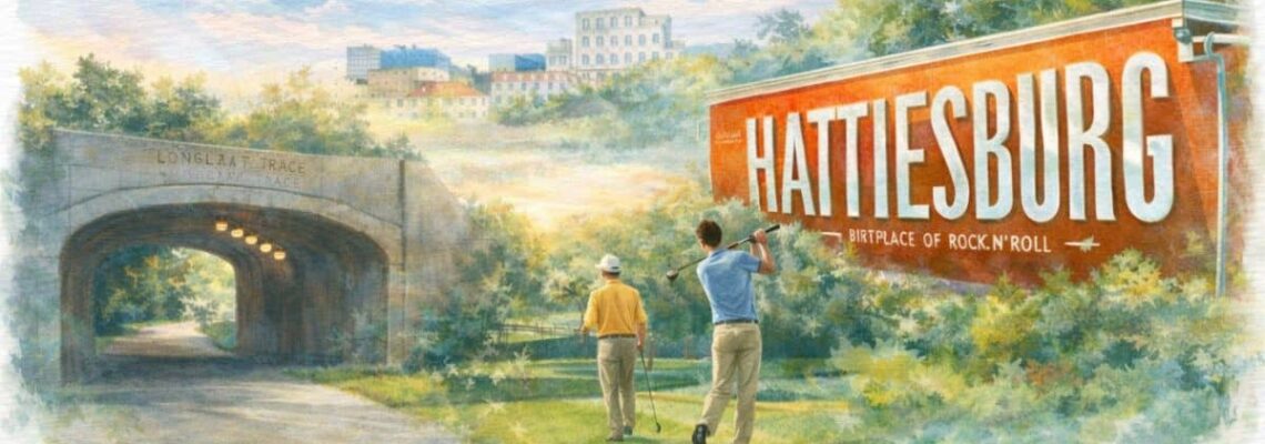 Golfers near Hattiesburg sign