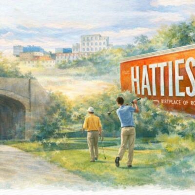 Golfers near Hattiesburg sign